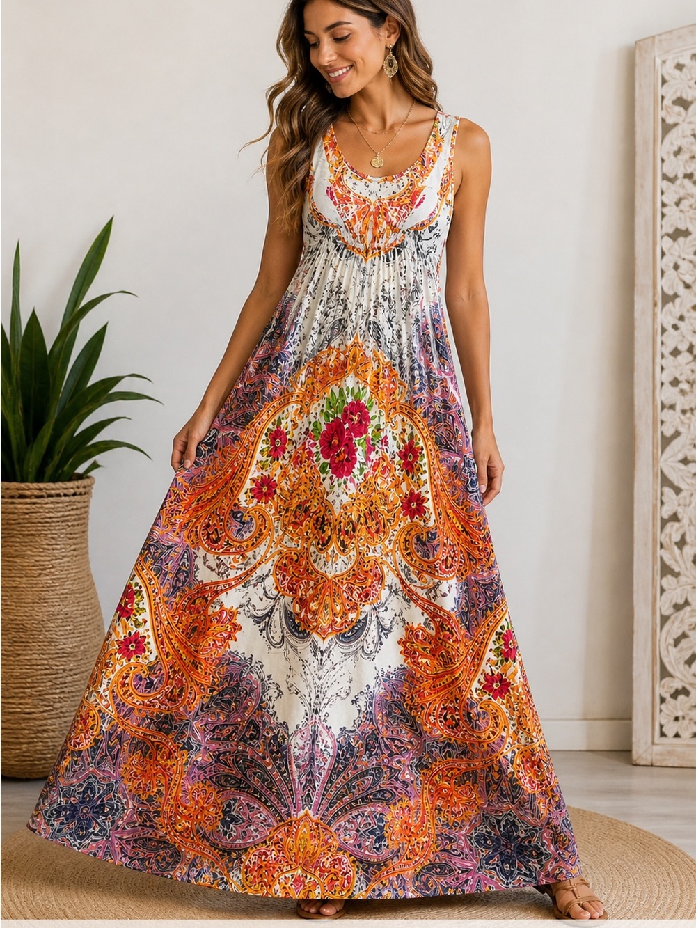 Ocean Breeze Boho Maxi Dress Size M Sleeveless Floral Paisley Summer Dress